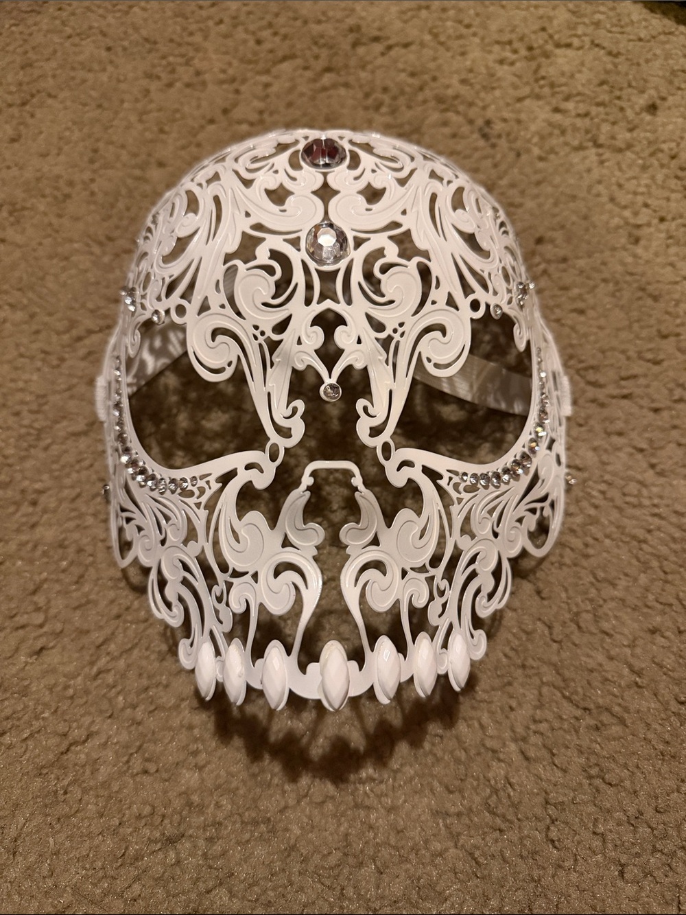 Intricate White Filigree Skull Mask with Rhinestones
